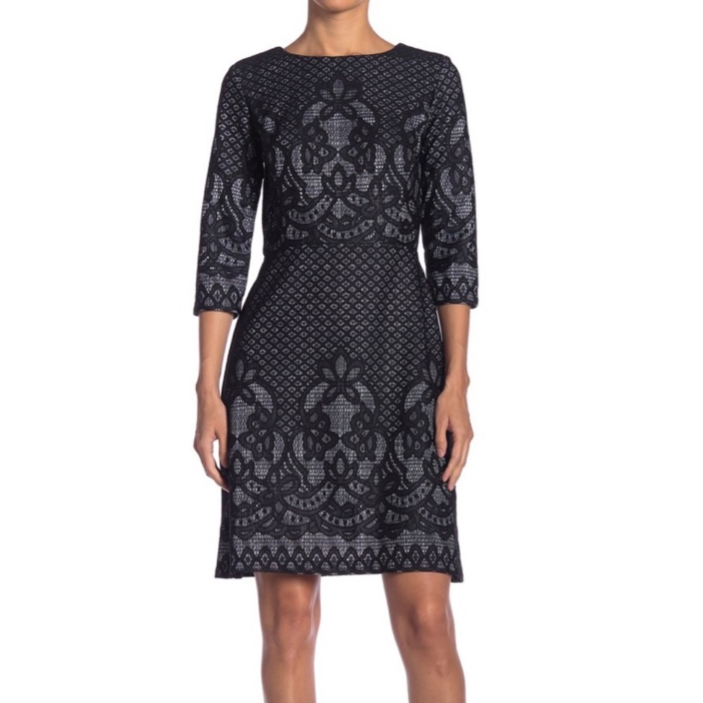 Gabby Skye Black and Gray Lace-Pattern Sheath Dress